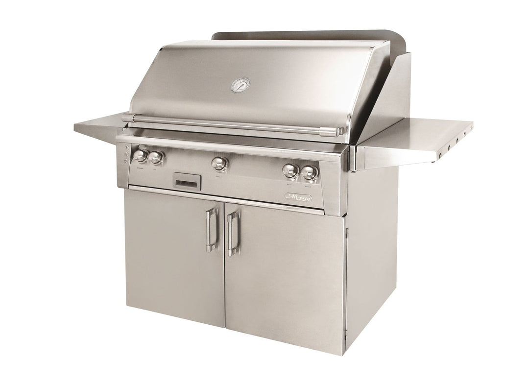 Alfresco 42" Cart Grill, 3 Burner, Rotis, Smoker, Deluxe Cart with 1 Door and 2 Drawers