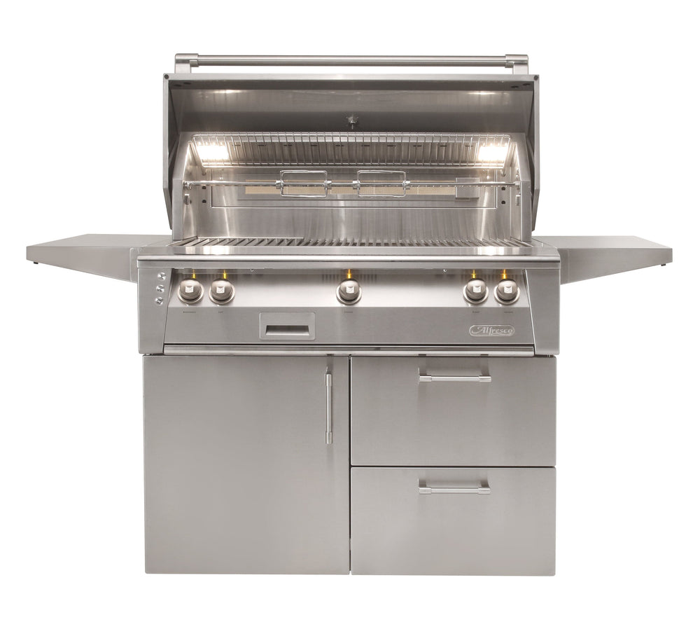 Alfresco 42" Refrigerated Cart Grill, 3 Burner, Rotis, Smoker, 1 Door and 2 Drawers are Refrigerated