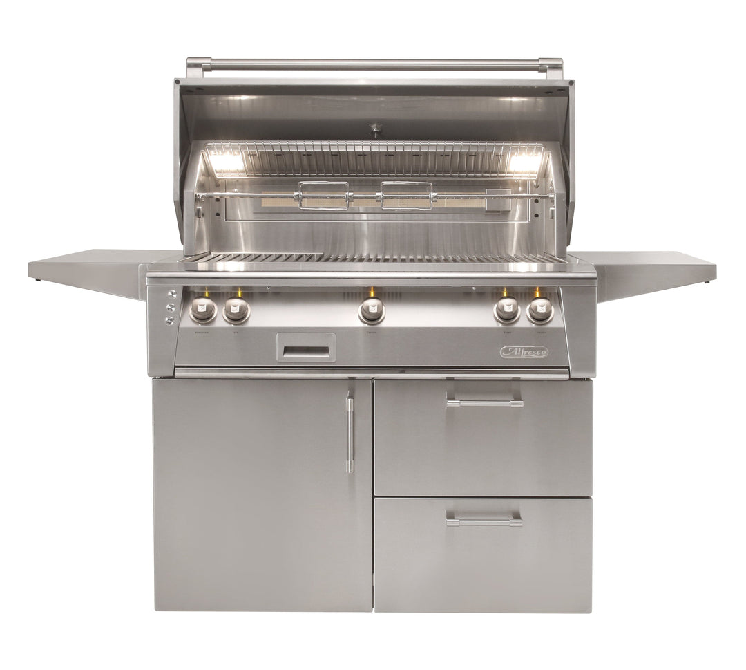 Alfresco 42" Refrigerated Cart Grill, 3 Burner, Rotis, Smoker, 1 Door and 2 Drawers are Refrigerated