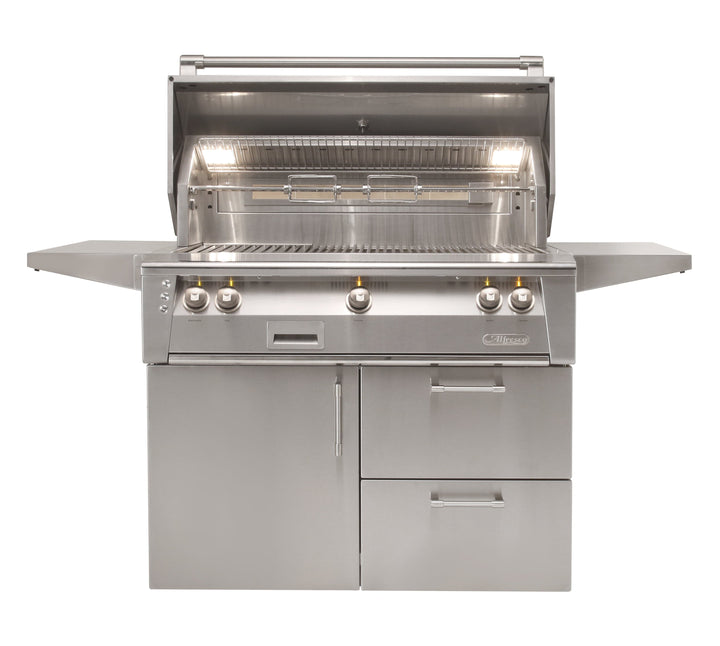 Alfresco 42" Refrigerated Cart Grill, 3 Burner, Rotis, Smoker, 1 Door and 2 Drawers are Refrigerated