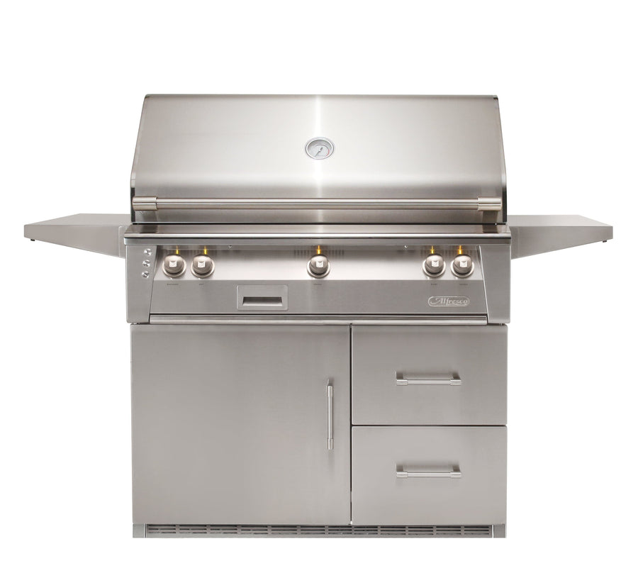 Alfresco 42" Refrigerated Cart Grill, 3 Burner, Rotis, Smoker, 1 Door and 2 Drawers are Refrigerated
