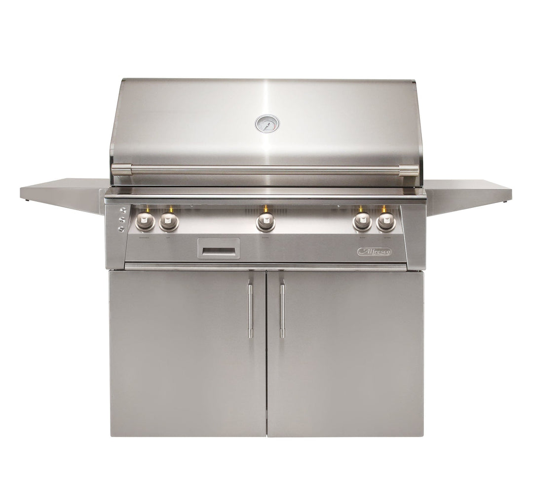 Alfresco 42" Cart Grill, 3 Burner, Rotis, Smoker, Deluxe Cart with 1 Door and 2 Drawers