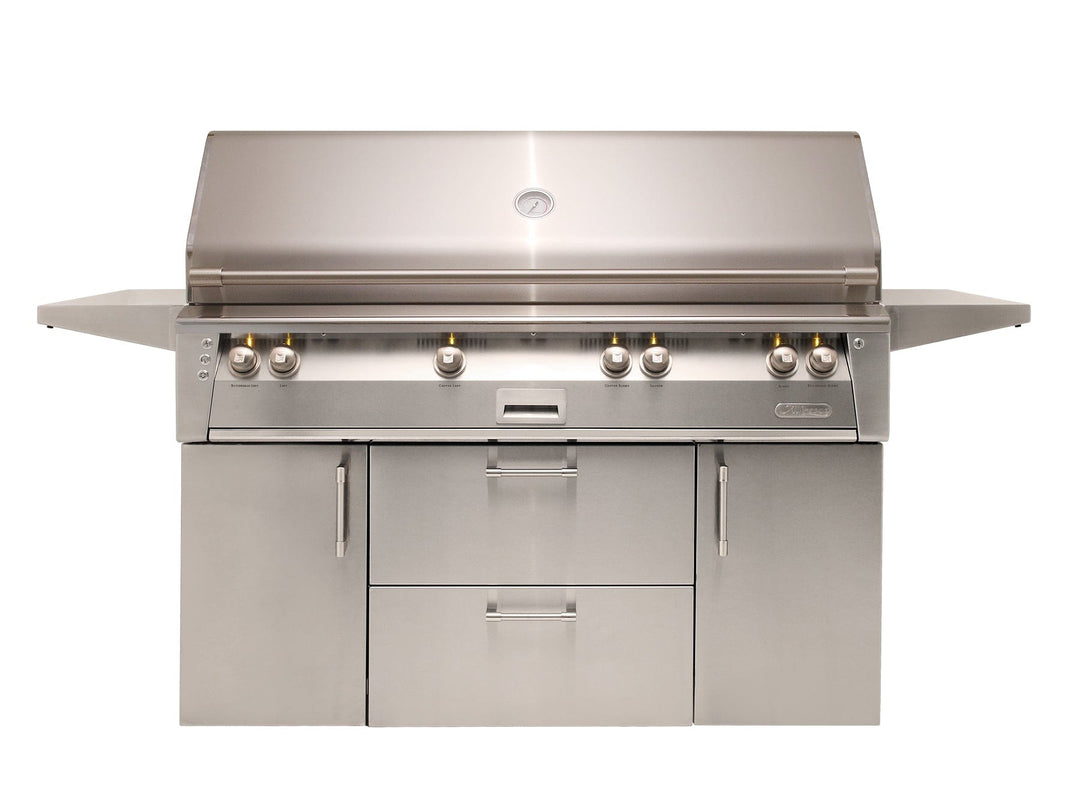 Alfresco 56" Cart Grill, 3 Burner, Rotis, Smoker, SearZone™, Double Doors w/ Drawers