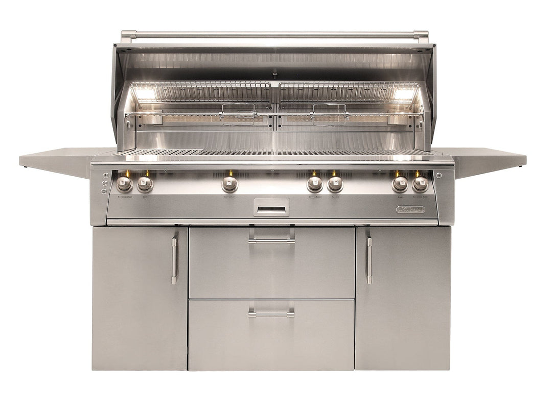 Alfresco 56" Cart Grill, 3 Burner, Rotis, Smoker, SearZone™, Double Doors w/ Drawers