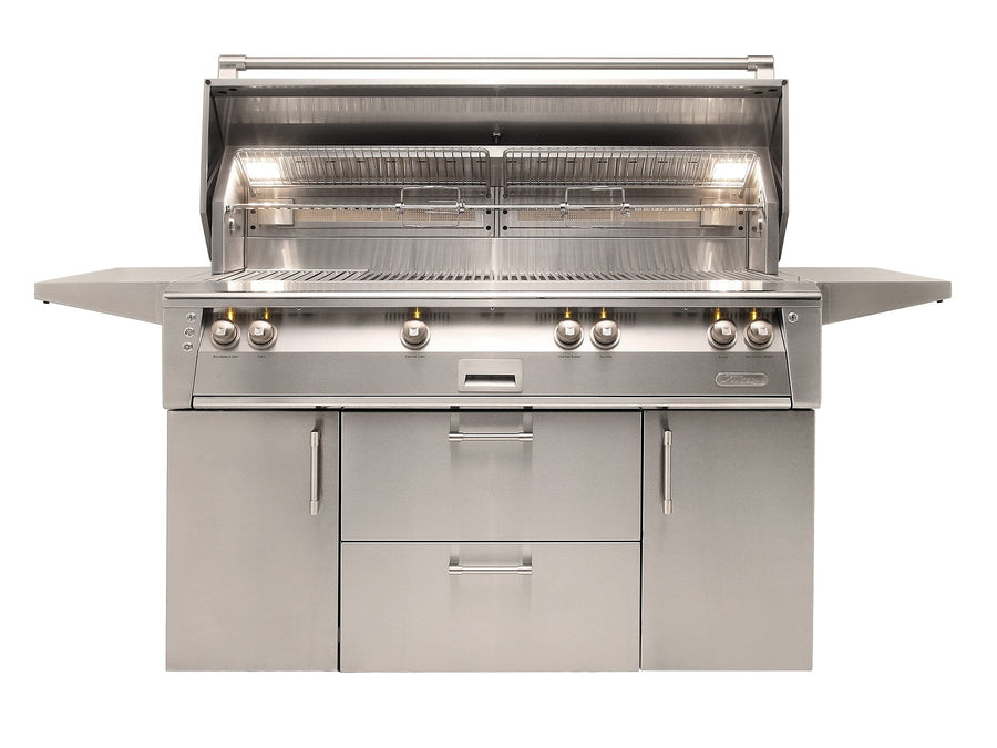 Alfresco 56" Cart Grill, 3 Burner, Rotis, Smoker, SearZone™, Double Doors w/ Drawers