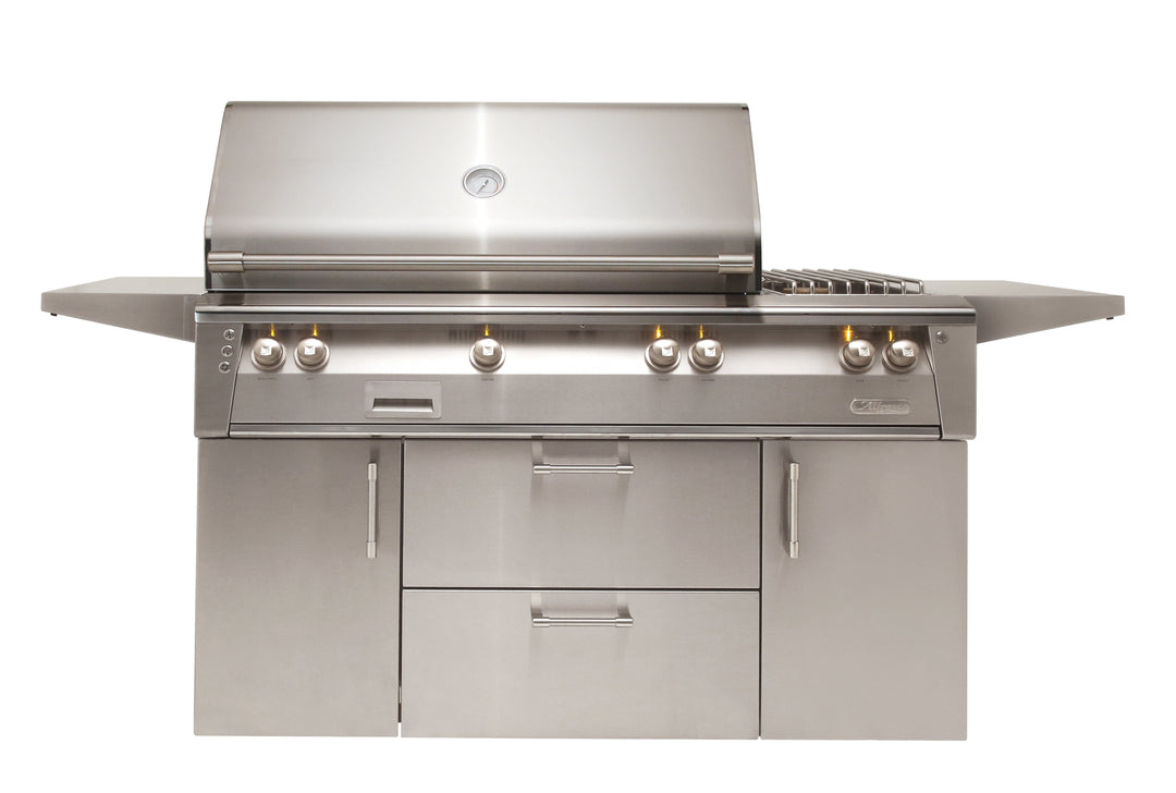Alfresco 56" Cart Grill, 3 Burner, Rotis, Smoker, Double Doors w/ Drawers