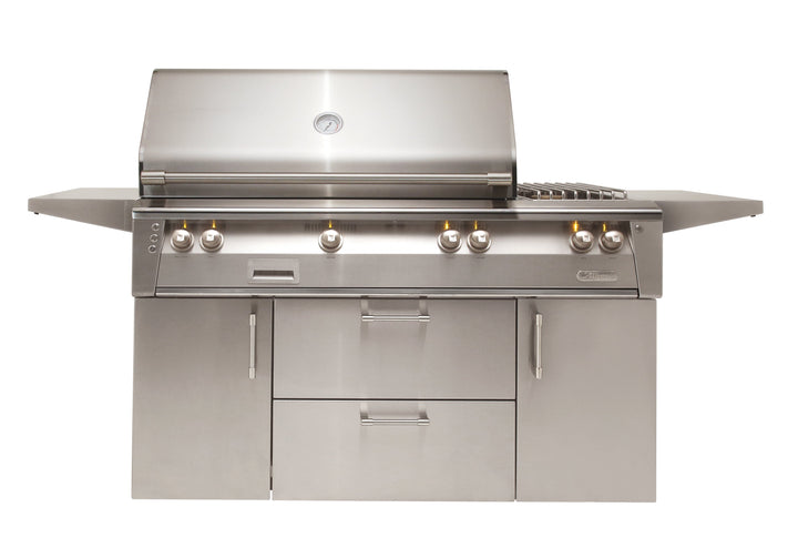 Alfresco 56" Cart Grill, 3 Burner, Rotis, Smoker, Double Doors w/ Drawers