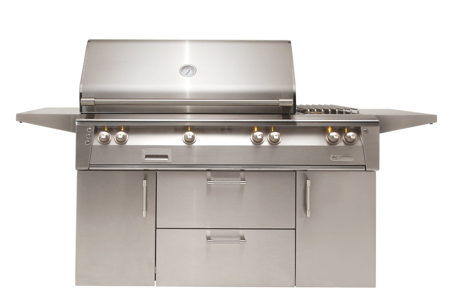 Alfresco 56" Cart Grill, 3 Burner, Rotis, Smoker, Double Doors w/ Drawers