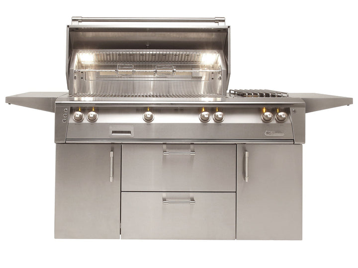 Alfresco 56" Cart Grill, 3 Burner, Rotis, Smoker, Double Doors w/ Drawers