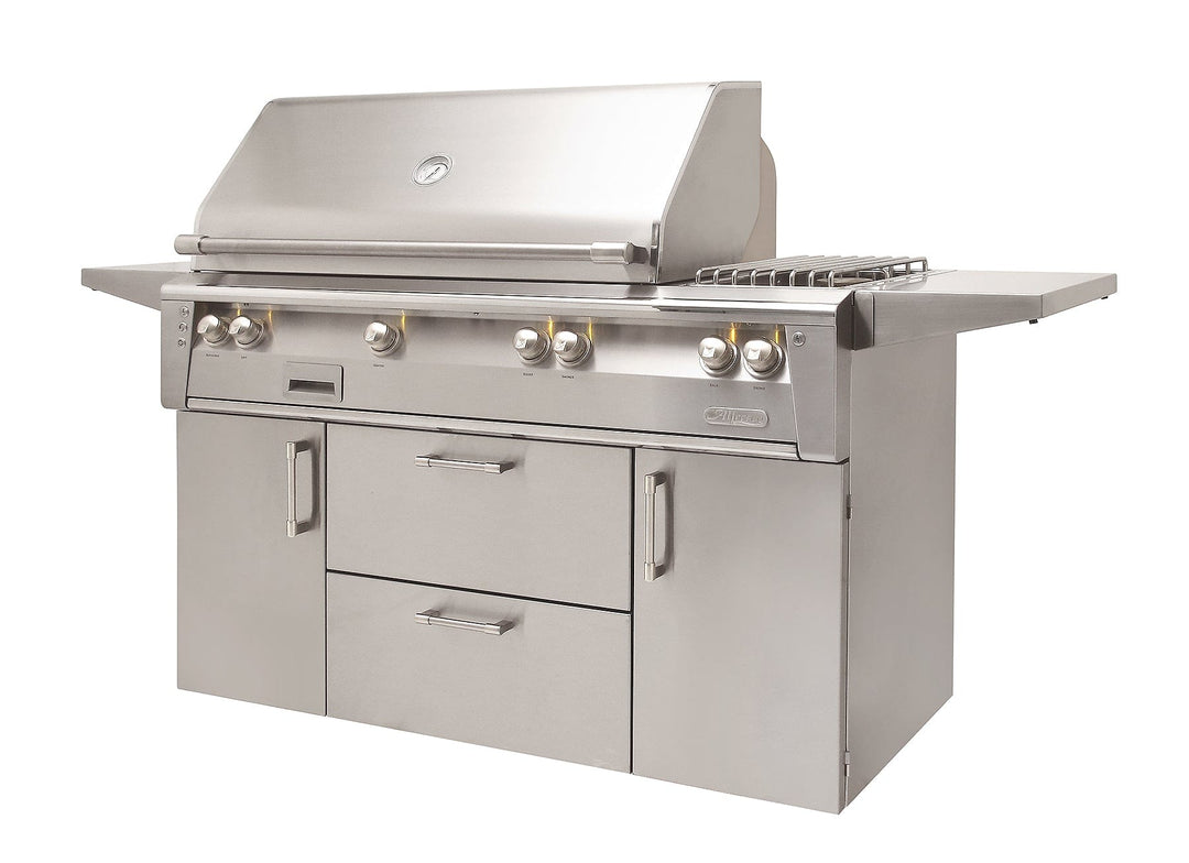 Alfresco 56" Cart Grill, 3 Burner, Rotis, Smoker, Double Doors w/ Drawers