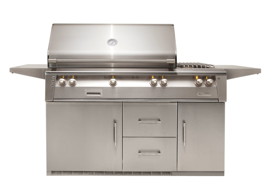 Alfresco 56" Refrigerated Cart Grill, 3 Burner, Rotis, Smoker, 1 Door and 2 Drawers are Refrigerated