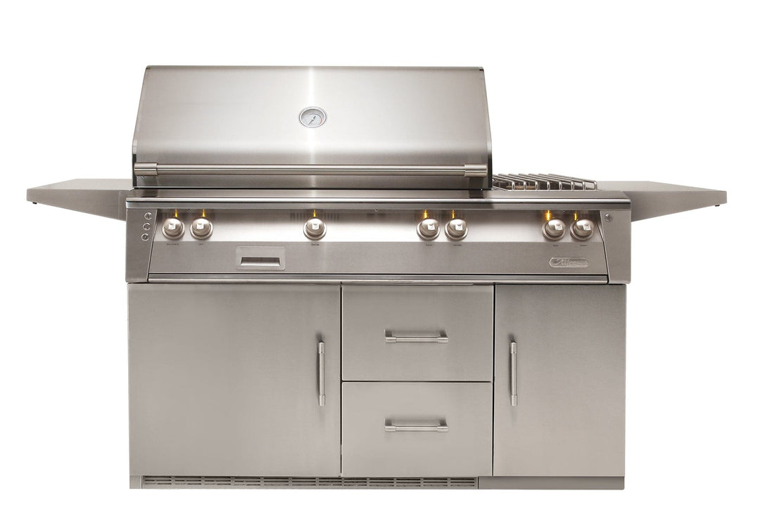 Alfresco 56" Refrigerated Cart Grill, 2 Burner, Rotis, Smoker, SearZone™, 1 Door and 2 Drawers are Refrigerated