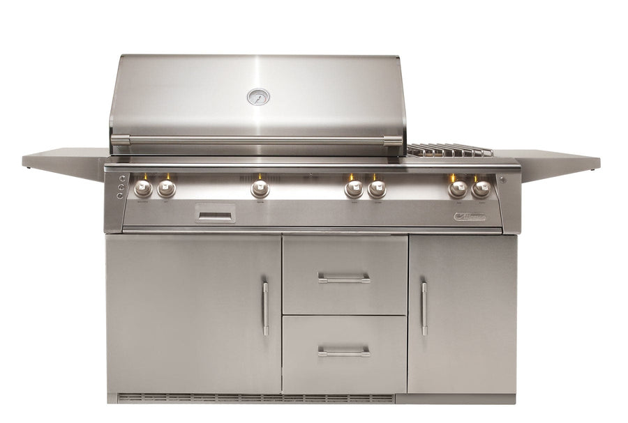 Alfresco 56" Refrigerated Cart Grill, 2 Burner, Rotis, Smoker, SearZone™, 1 Door and 2 Drawers are Refrigerated